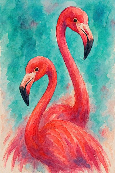 Zwei rosa Flamingos (AI) (Liebe, Valentinstag, Malerei, tropisch, Federn, Vögel, schön, cool) von Natalie Bruns
