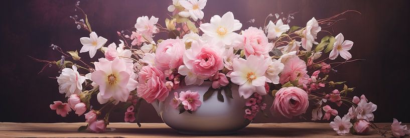 A vase with pink and white flowers on a wooden table by Animaflora PicsStock