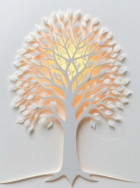 Himmlischer Lebensbaum: Ein leuchtender Lebensbaum aus Scherenschnitt mit goldenem Schimmer von Artistic