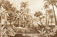 Jungle vintage with giraffes, ferns, palms and water with birds.