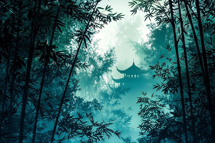 Tempel in mistig bamboebos van Art & Soul Creations