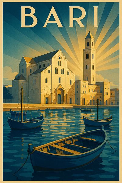 Bari Art Deco Travel Poster – Adriatic Harbor and Basilica by Travel Shop