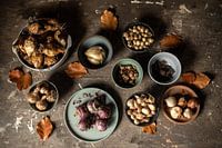 Warten | ein Tisch voller Frühlingsblumenzwiebeln bildende Kunst Stillleben Farbfotografie | Wandkun