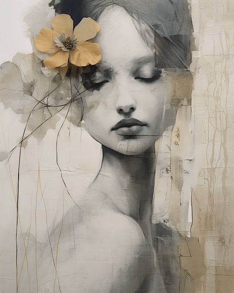 Portret in collage stijl met gouden accenten van Carla Van Iersel