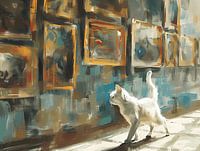 Weiße Katze in der Bibliothek - umherstreifend in der Ausstellungshalle