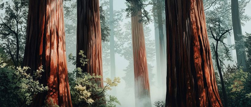 Hoge sequoia's in de mist van Poster Art Shop