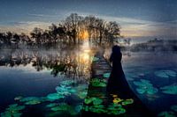Young woman walks across water to Light