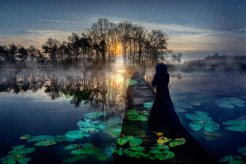 Young woman walks across water to Light by Laura van der Burgt
