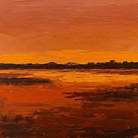 Textured Impasto Sunset Landscape Oil Painting with Warm Tones Artwork