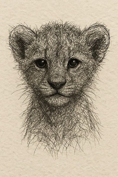 Wire portrait young lion (nursery cub animal art black and white savannah nature lovers) by Natalie Bruns