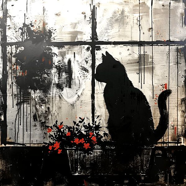 Street-Art chat fenêtre fleurs silhouette urban graffiti par gm_designs