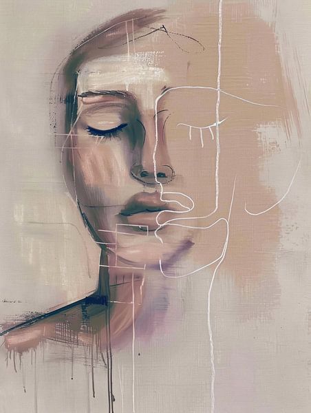 Modern abstract portrait in pink against a pastel background by Carla Van Iersel