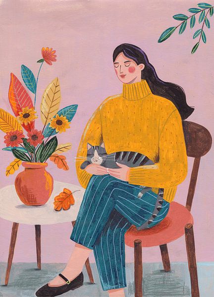 Femme avec chat et bouquet d'automne par Caroline Bonne Müller