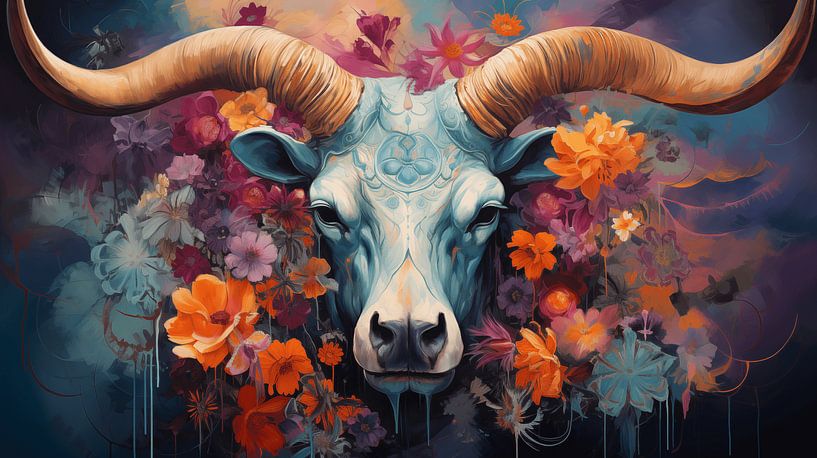 majestic bull with vibrant flowers adorning its horns, art design painting by Animaflora PicsStock