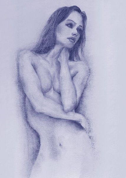 Frau denkt nackt, Skizze, blau lila von Krista Kitsz Art