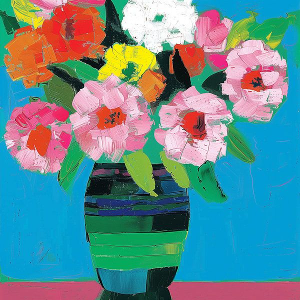 Lebendiger Blumenstrauß in gestreifter Vase vor blauem Hintergrund von Color Square