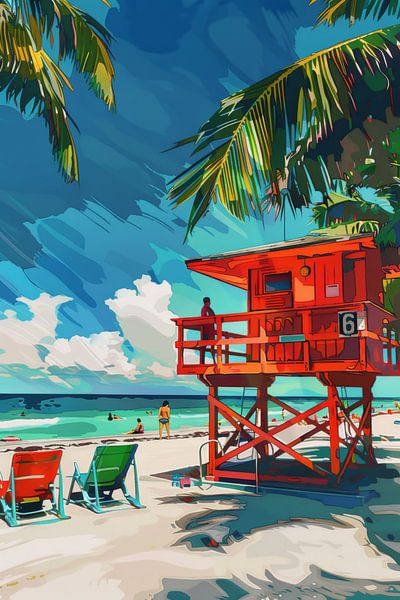 Bunte Strandidylle mit Rettungsturm von Poster Art Shop