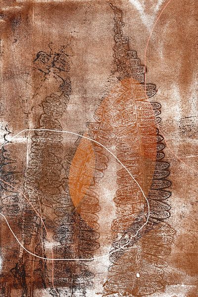 Abstract Botanisch. Varens in warm bruin, roestkleur en wit. van Dina Dankers