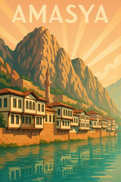 Amasya Art Deco Poster - Flussufer Ottomane Charme von Travel Shop