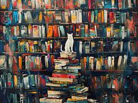 Chat blanc dans la bibliothèque - début de journée