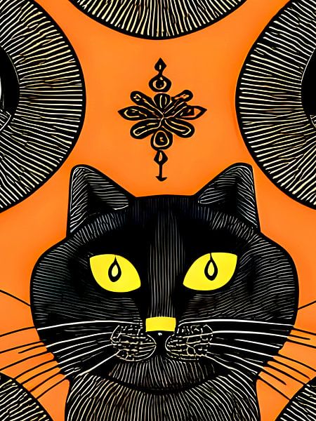 Dekorative schwarze Katze mit orangefarbenem Hintergrund - digitale Illustration von Lily van Riemsdijk - Art Prints with Color