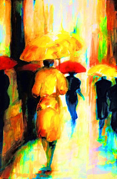 The yellow umbrella in Pop art ( Watercolour hand-painted. by Ineke de Rijk