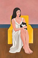 Minimalistische Frau mit Katze in gelbem Stuhl, moderner figurativer Pop-Art-Druck