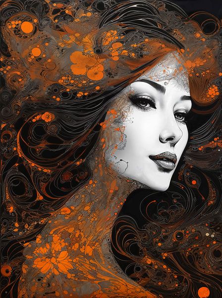 Portrait abstrait en noir et orange par Retrotimes