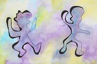 jaune bleu 5 aquarelle de personnages dansant joyeusement dans le style line-art