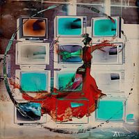 Dame in rode jurk en een muur van tv's