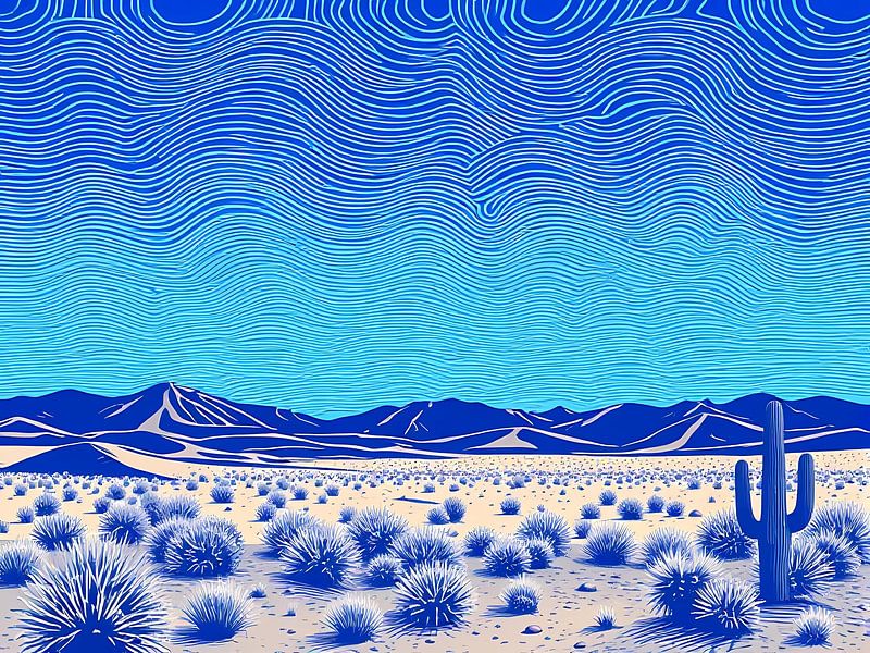 Ein lebhaftes Trugbild in Electric Blues: Eine Pop-Art-Wüstenlandschaft mit gewundenem Himmel von Artistic