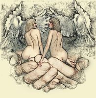 naked women together in two protective hands with peace dove