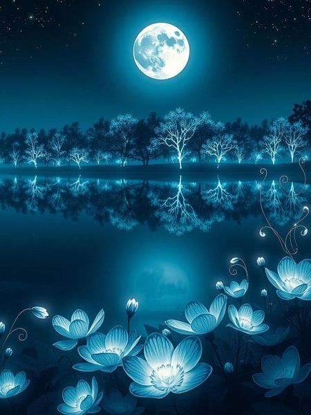 Mitternächtliche Gelassenheit: Ein leuchtender mondbeschienener See mit leuchtenden Lotusblumen und himmlischen Bäumen von Artistic