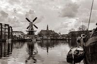 View over the Spaarne of the Adriaan mill and the Grote Kerk (Haarlem, Holland) /sepia