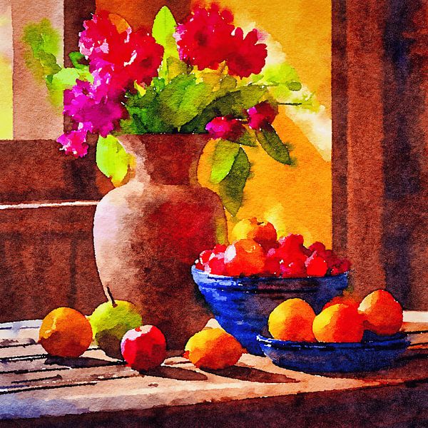 Une peinture représentant une nature morte colorée avec des fleurs et des fruits par The Photo Artist