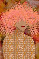 Retro-Porträt einer Frau mit geblümtem Hut in warmem Rot, Orange, Rosa und Braun