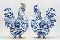 Zwei Hühner in Delfter Blau
