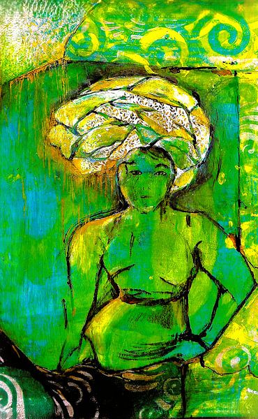African woman with green gold headdress (collage ). by Ineke de Rijk