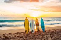 Surfbrettfahren im Strandsand bei Sonnenuntergang