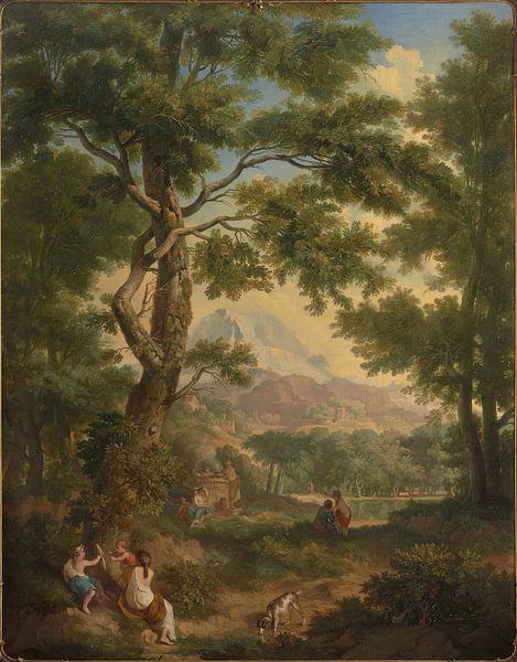 Arkadische Landschaft mit Kinder im Vordergrund, einem Vogel und einem Hund, Jurriaan Andriessen von Meisterhafte Meister