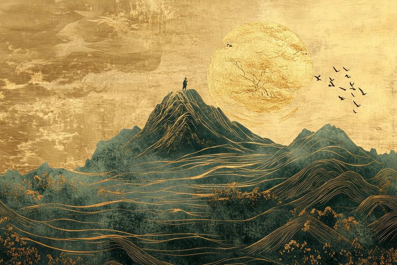 Mystical mountain peaks under a circular sun by Digitale Schilderijen