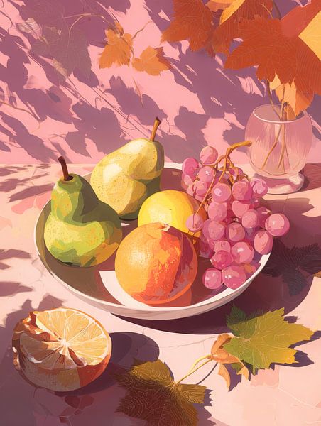 Coupe de fruits d'été ensoleillée rose avec poires, raisins et orange par But First Framing