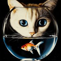 Chat aux yeux bleus et poisson rouge