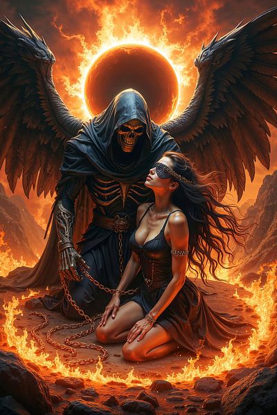 DROZAMIR: Der Sensenmann und die gefesselte Frau im Feuerkreis von INFERAURUM