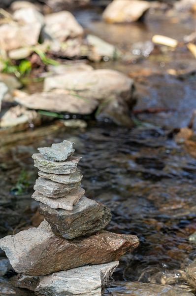 Balance stones by a stream Spiritual relaxation vertical black and white photography by Animaflora PicsStock