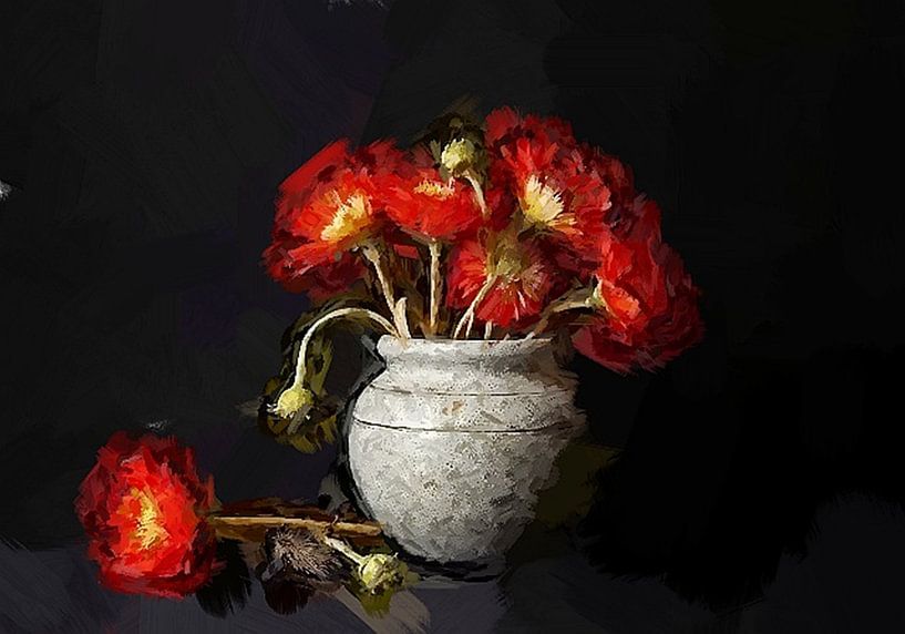 Nature morte classique d'un pot de fleurs de pavot rouge. par J.a Dijkstra