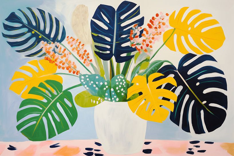 Modernes Stilleben, Blättrige Lochpflanze in Vase, Japanisch von Caroline Guerain