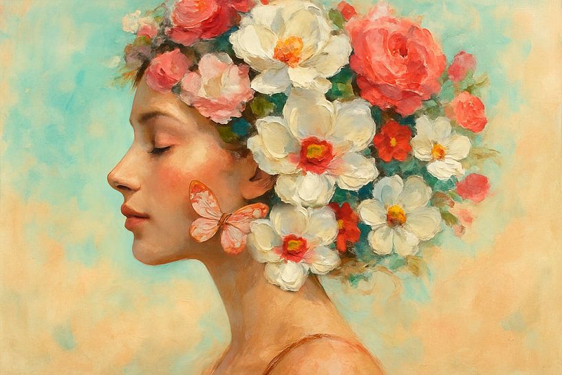 Dreamy woman with crown of flowers and butterfly by Marijke Trienekens