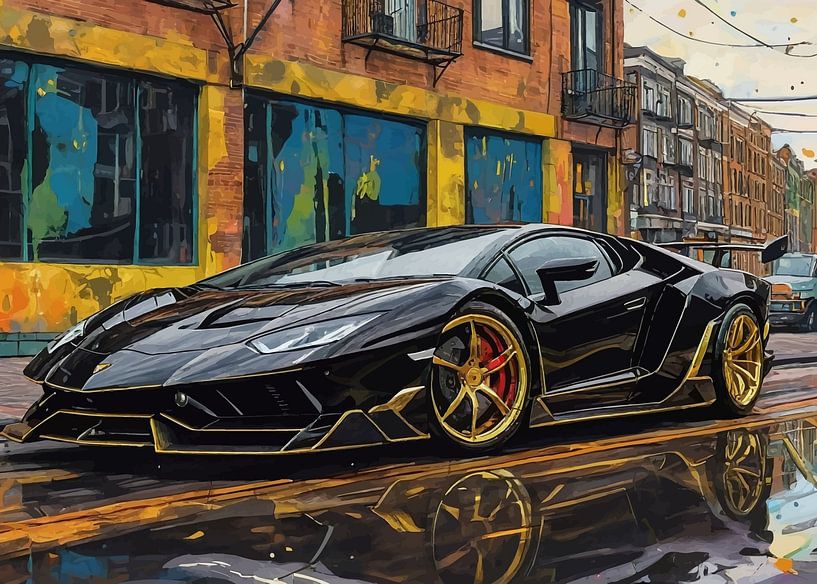 La Lamborghini Centenario couleur noire et ligne d'or avec paysage urbain par MIROKKU