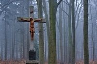 Kreuz mit Jesus im Nebelwald in der Nähe des Schlosses Hillenraad